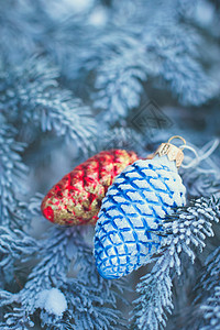 圣诞玩具在寒冷的一天 在圣诞树的手杖上 锥体图片