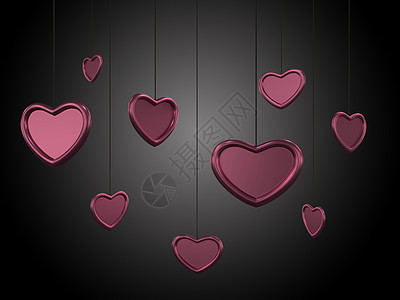 美丽的心形背景与有光泽的粉红色红心在字符串上 带有深色渐变的背景 3D 渲染 情人节假期的插图 阴影 热情图片