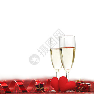 香槟和红心 卡片 丝带 婚礼 情人节 盒子 玻璃 浪漫 红酒杯背景图片