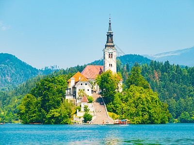 圣玛丽升天巴洛克式教堂在布莱德岛上 布莱德湖 朱利安阿尔卑斯山 斯洛文尼亚 欧洲背景图片