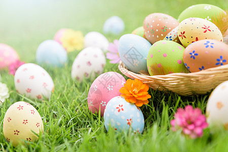 复活节快乐特写镜头五颜六色的复活节彩蛋在巢上绿色 gr 假期 食物图片