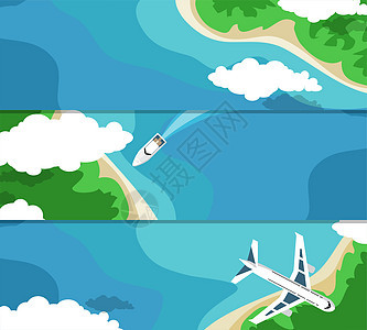 与大海和岛屿为您做广告的三个水平横幅 平面样式图片
