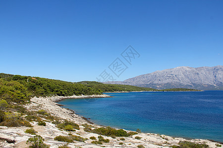 海洋和山山的风景 石头 松树 蓝色的 克罗地亚 赫瓦尔图片