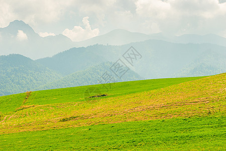 山边有绿色的草地 有高山的景象图片