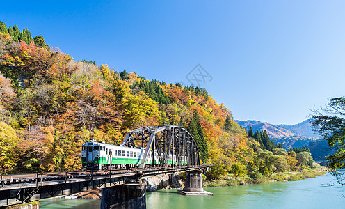 福岛黑桥日本田中江 铁路 运输 美丽的 秋天的颜色 季节 只见图片