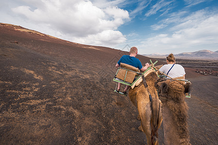 西班牙加那利群岛兰萨罗特岛蒂曼法亚国家公园火山景观中的不明身份游客乘坐的卡梅尔山 骆驼 观光图片