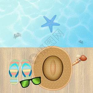 码头上的海滩帽和拖鞋 明信片 夏天 人字拖 假期 水图片