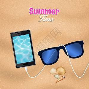 夏季时间 夏天 电话 海滩 电缆 太阳镜 水 海背景图片
