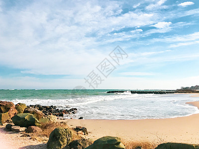 清空海滩和波浪的全景 保加利亚Pomorie 旅游 海洋图片