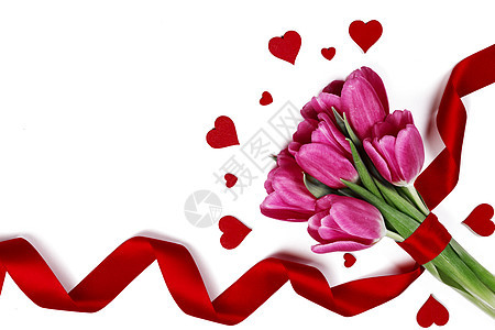 郁金香和惠特的心 春天 二月 花的 情人节 庆典 丝带背景图片