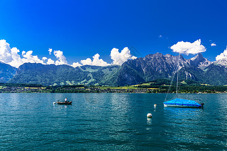 瑞士伯尔尼图恩湖的帆船 旅行 风景 顶峰 树图片