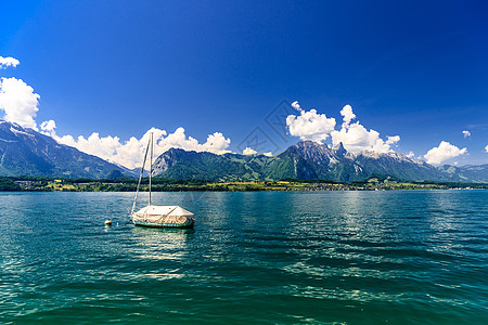 瑞士伯尔尼图恩湖的帆船 山脉 秋天 山 风景 森林图片