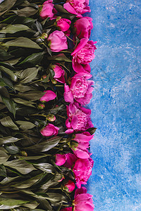 在蓝色大理石雕像上的花瓶里 装着粉红色纯绿色的花束 花朵 春天图片
