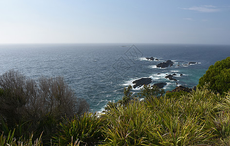 从Seal Rocks的Sugarloaf灯塔查看海岸和岩石图片