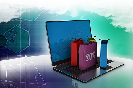 购物袋和笔记本电脑 网 快乐的 销售 女士 上网浏览 店铺图片