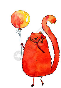 水彩手绘红猫与黄色气球图片