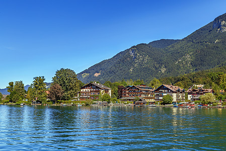 奥地利圣沃尔夫冈 高山 房子 假期 绿松石 城市 湖边图片