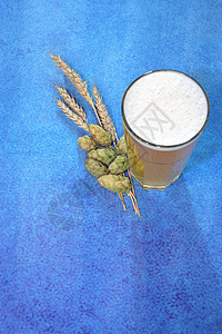 蓝色抽象背景中带便士和啤酒花的淡小麦啤酒杯 玻璃 啤酒厂图片