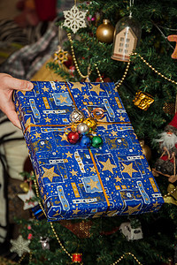 将礼物包在盛宴的圣诞树下 手握着装饰圣诞树 乡村 丝带图片