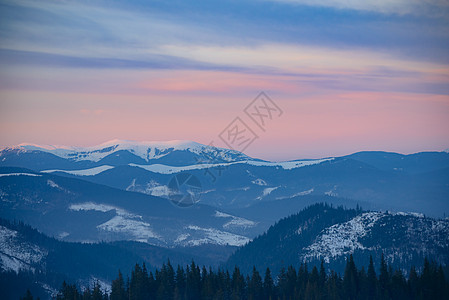 冬季山上美丽的日落 风景与雾中山丘上的白雪覆盖的法尔树 寒冷 自然图片