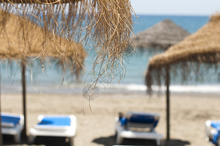 草沙滩雨伞和防晒床 棕榈 海岸 亚洲 阳光 异国情调 放松图片