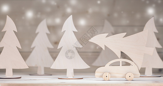 带圣诞树的玩具车 新年 购物 运输 卡片 商业图片