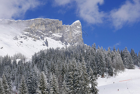 法国勃朗峰节假日 法国 村庄 滑雪 冬天 小屋 全景图片