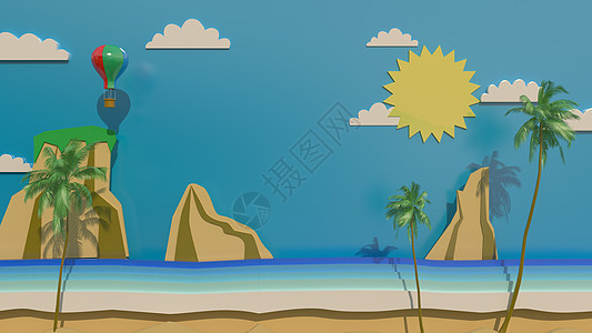 3d 渲染 3d 插画 白天在海中的岛屿 黄色的太阳 白云和红色的气球在天空中图片