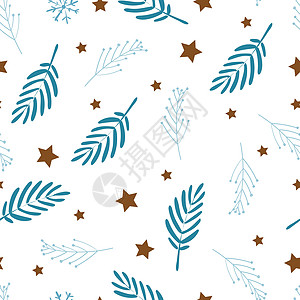 白色背景上的精致无缝图案 婴儿床上用品或窗帘 蓝色的树叶和星星 斯堪的纳维亚风格图片