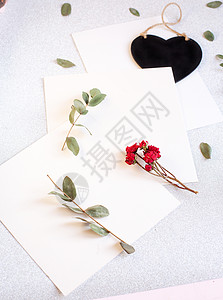 背景与复制空间空白在桌子上 黑心 桉树枝 玫瑰花和叶子 白皮书顶视图 平躺 最小风格 摩卡 作品 框架图片