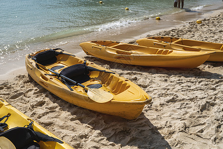 在阳光明媚的日子里 沙滩上有一排五颜六色的黄色皮划艇可供桨手使用 沙滩上的几艘黄色休闲船 活跃的旅游和水上娱乐 运输 晴天图片