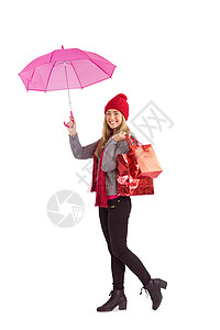 抱着雨伞和包袋的喜悦金发金发女郎 喜庆 时髦的图片
