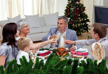 家庭在圣诞节晚宴上和香槟一起受苦 母亲 房子图片
