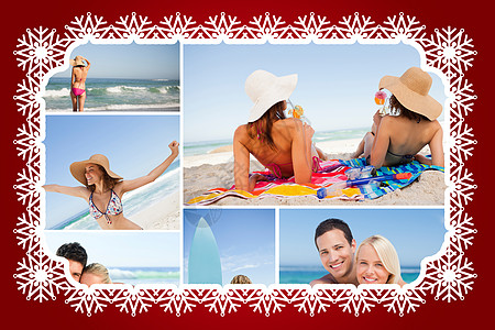 沙滩圣诞配有不同家庭肖像的蒙影 男性 放松 幸福 假期 圣诞节背景