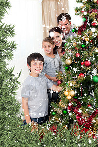 喜悦家庭装饰圣诞树的复合形象 配有鲜花和礼物 姐姐 闪烁图片