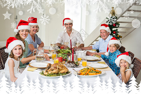 喜悦家庭在圣诞美食的圣塔帽中的综合形象 儿子图片