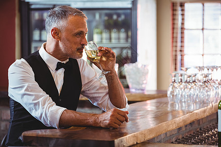 在酒吧柜台喝酒的酒商 葡萄酒 服务 工作 专业的图片