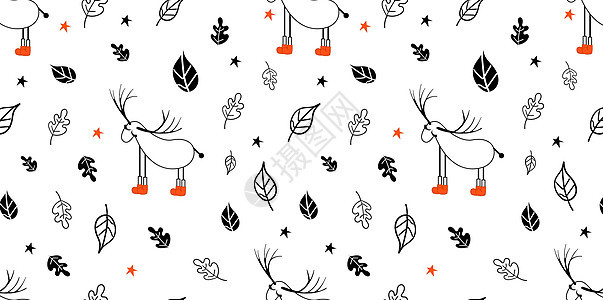 无缝光图案与鹿和树木 斯堪的纳维亚风格绘画 线性艺术 黑白插图 冬天你好 墙纸 雪花图片
