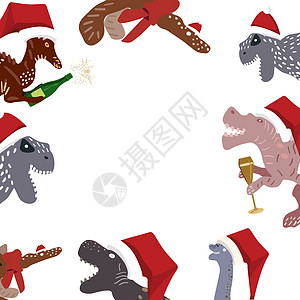 圣诞恐龙与圣诞老人的帽子和白色的香槟边框图片