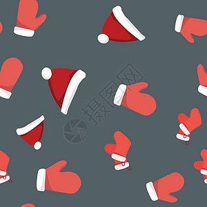 红色圣诞老人手套和圣诞帽无缝图案的集合图片
