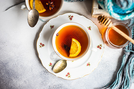 茶茶时间概念 柠檬 围巾 杯子 圣诞节 五香的 针织的图片