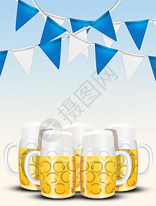 慕尼黑啤酒节的啤酒杯 马克杯 金发女郎 玻璃 椒盐卷饼 十月背景图片