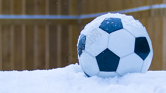 冬季雪暴时的雪上足球 有木栅栏背景图片