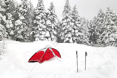 红帐篷和徒步棒 日本的天然雪丘Yatsugata图片