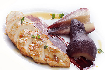 烤鸡乳和梨 胸部 米其林星 猪肉 庆祝 鱼片 肉 宴会 可口图片