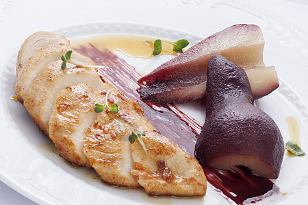 烤鸡乳和梨 沙拉 宴会 美丽的 牛肉 盘子 美食 海鲜 鱼食图片