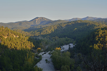 青山之间狭小的河流 观光旅游 环境 流动的 夏天 叶子 风景图片