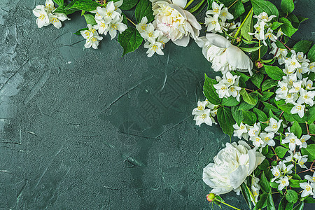 暗绿混凝土表面的茉莉花和白色青蛙 花束 礼物图片