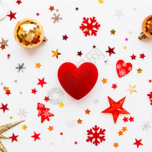 圣诞和新年节日背景 配有装饰品和红礼物心箱 顶层景色平坦 充满活力的 十二月图片