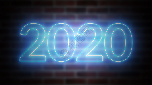 2020 年新年霓虹灯在砖砌计算机生成的背景下 3d 渲染的新年庆祝活动 问候语 数字图片